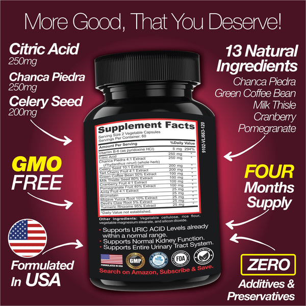 Uric Acid Support Capsules Kidney Cleanse Detox Gallbladder Urinary Health